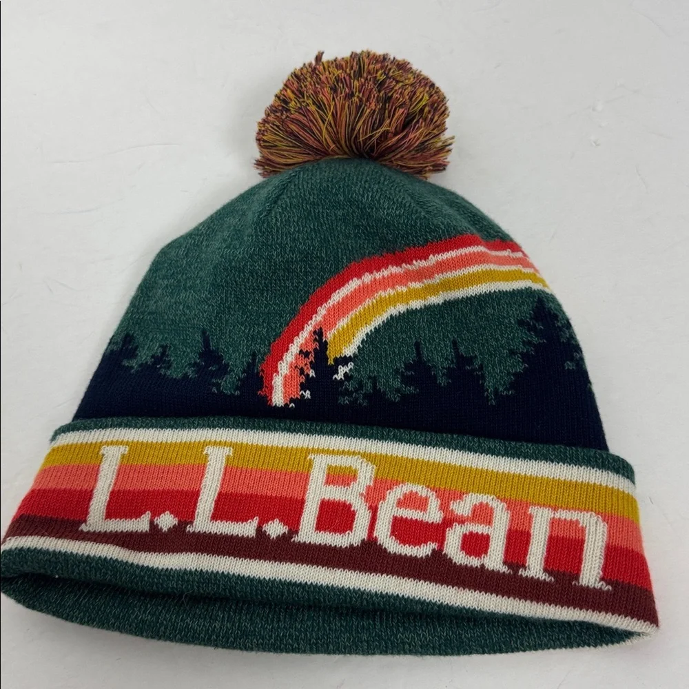 L.L. Bean NWT Scenic Knit Beanie Pom Hat Trees Rainbow Stripe - Picture 2 of 6